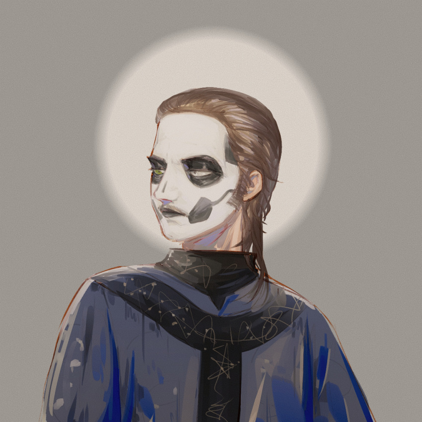 1boy, black_lips, blue_robe, brown_hair, erumil, facial_hair, ghost_(band), green_eyes
