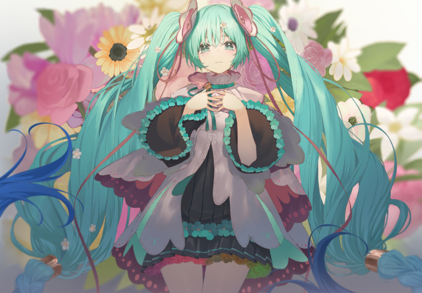 1girl, aqua_eyes, aqua_flower, aqua_ribbon, black_dress, blue_hair, blush, braid