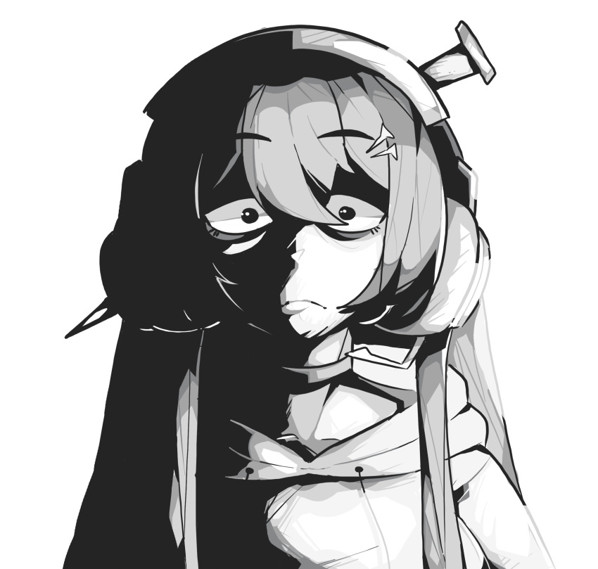 1girl, absurdres, bangs, choker, collarbone, english_commentary, frown, greyscale