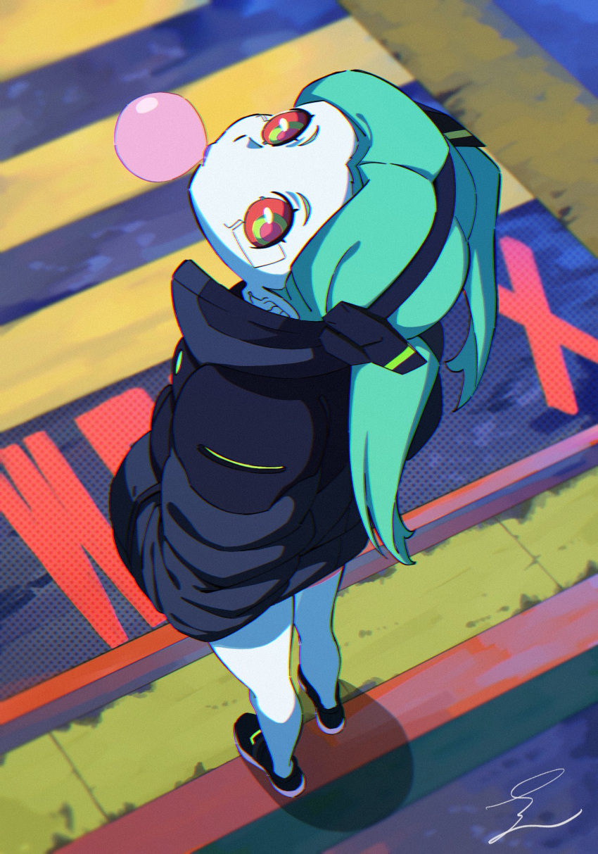 1girl, artificial_eye, blue_jacket, bubble_blowing, chewing_gum, colored_sclera, colored_skin, crosswalk, cyberpunk_(series), cyberpunk_edgerunners, english_commentary, from_above, green_eyes, green_hair, hands_in_pockets, highres, jacket, long_hair, looking_at_viewer, looking_back, looking_up, mechanical_eye, outdoors, petite, piko_han, rebecca_(cyberpunk), red_pupils, red_sclera, samurai_jacket_(cyberpunk), sidewalk, signature, solo, twintails, white_skin
