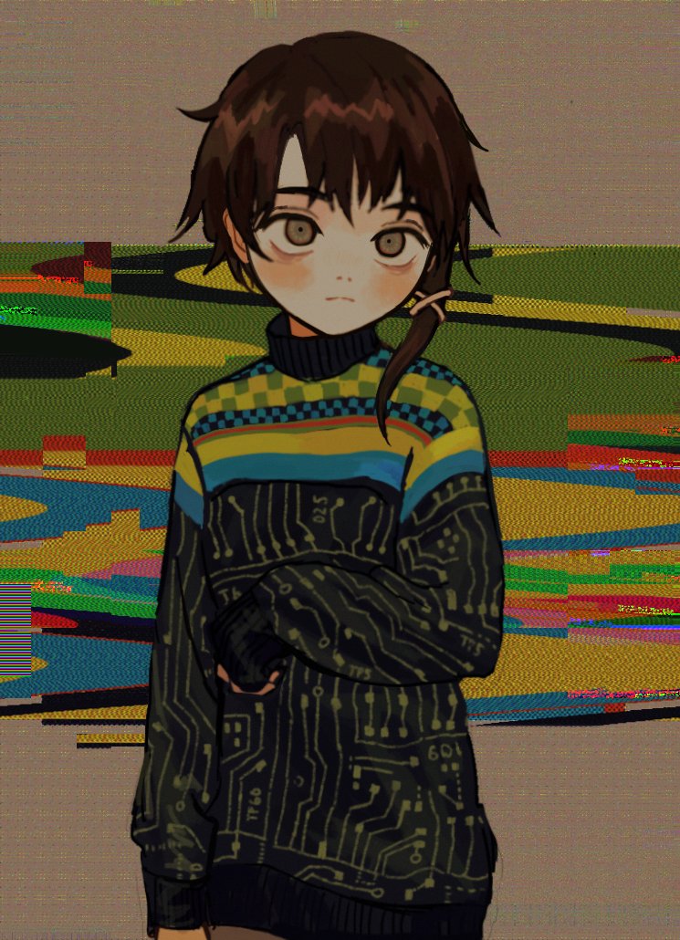 1girl, asymmetrical_hair, bangs, blush, brown_eyes, brown_hair, closed_mouth, expressionless, hair_ornament, io_(onisarashi), iwakura_lain, jean_paul_gaultier_(brand), long_sleeves, looking_at_viewer, multicolored_background, multicolored_sweater, serial_experiments_lain, single_sidelock, sleeves_past_wrists, solo, sweater, turtleneck, turtleneck_sweater, upper_body, x_hair_ornament