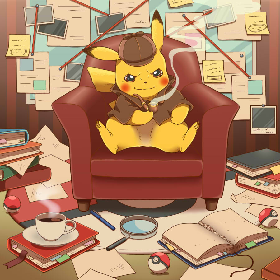 book, bookmark, chair, cyaneko, detective_pikachu, detective_pikachu_(character), detective_pikachu_(game), detective_pikachu_(movie)