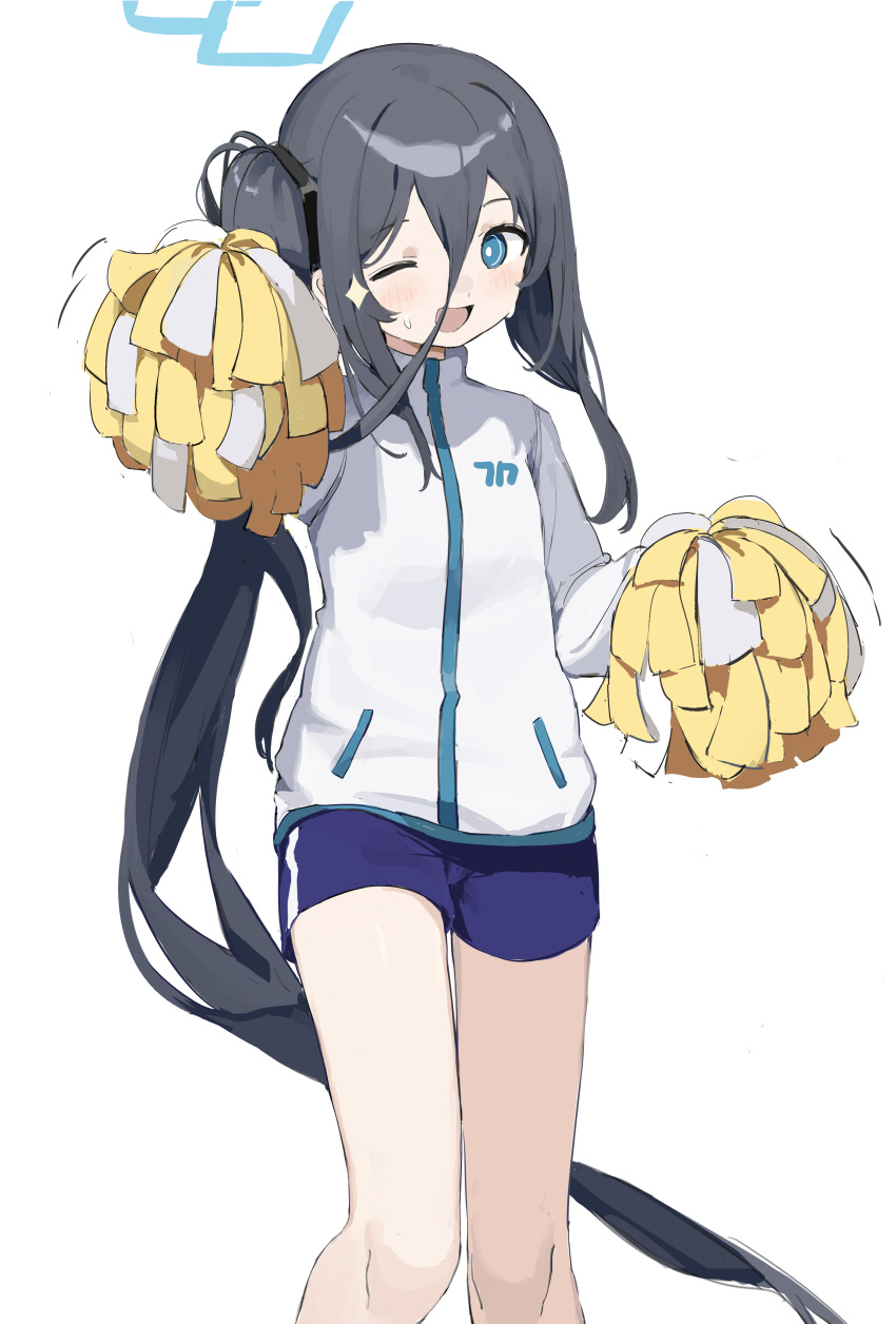 1girl, absurdres, arisu_(blue_archive), black_hair, blue_archive, blue_eyes, blue_skirt, cheerleader