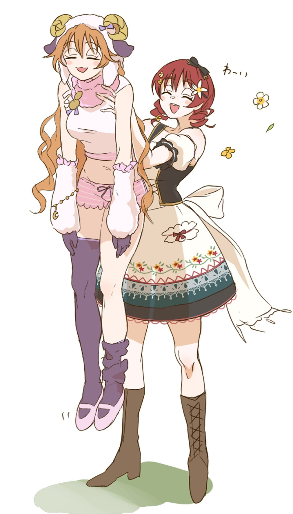 animal_costume, boots, braid, brown_hair, emma_verde, flower, freckles, goat_horns