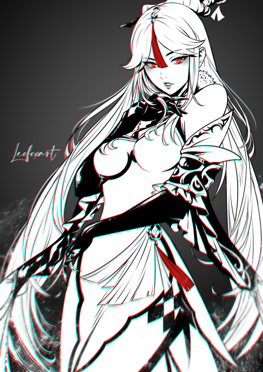 absurdres, bangs, black_gloves, blurry, breasts, china_dress, chinese_clothes, claw_ring