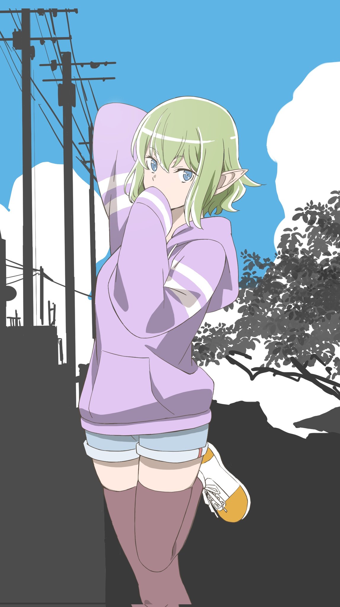 1girl, 7msaaxt6qto3joj, arm_up, blue_eyes, blue_sky, covering_mouth, denim, denim_shorts