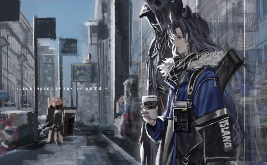 1other, 3girls, absurdres, animal_ears, arknights, artist_name, beagle_(arknights), black_coat, black_scarf, blonde_hair, blue_jacket, building, car, city, closed_mouth, coat, commentary, crossbow, cup, disposable_cup, doctor_(arknights), fang_(arknights), fang_(cruciata)_(arknights), fengbuxiao, fingernails, from_side, fur-trimmed_jacket, fur_trim, glasses, grey_eyes, grey_hair, ground_vehicle, highres, holding, holding_crossbow, holding_cup, holding_weapon, hood, hood_up, hooded_coat, horse_ears, jacket, kroos_(arknights), lips, long_sleeves, medium_hair, motor_vehicle, multiple_girls, nail_polish, official_alternate_costume, outdoors, profile, rabbit_ears, redhead, scarf, sign, weapon