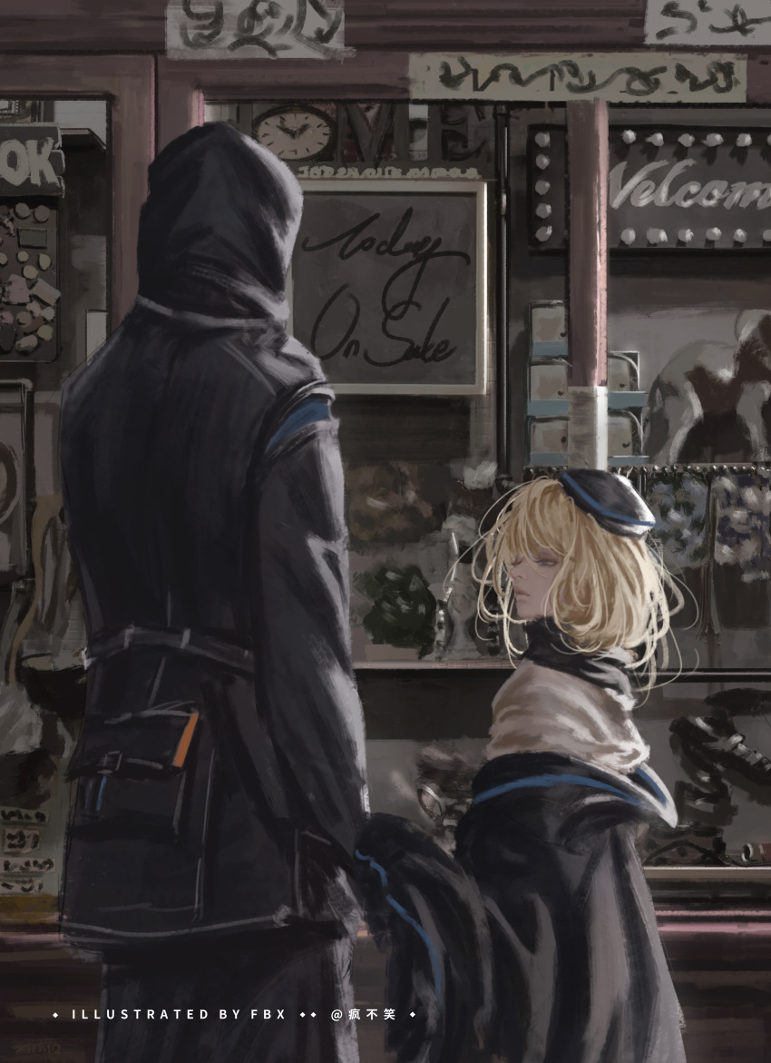 1girl, 1other, absurdres, arknights, artist_name, black_coat, black_headwear, blonde_hair, blue_eyes, clock, closed_mouth, coat, commentary, cup, doctor_(arknights), drinking_glass, durin_(arknights), fengbuxiao, hat, highres, holding_hands, hood, hood_up, hooded_coat, lips, long_sleeves, looking_at_another, medium_hair, off_shoulder, shirt, sign, white_shirt, wine_glass