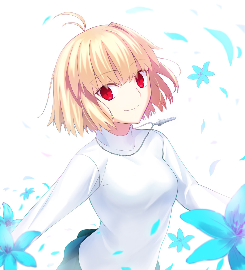 1girl, absurdres, antenna_hair, arcueid_brunestud, bangs, black_skirt, blonde_hair, blue_flower, breasts, closed_mouth, commentary_request, flower, hakurei-yuga, highres, jewelry, long_sleeves, looking_at_viewer, medium_breasts, miniskirt, necklace, petals, red_eyes, short_hair, simple_background, single_hair_intake, skirt, smile, solo, sweater, tsukihime, tsukihime_(remake), turtleneck, turtleneck_sweater, upper_body, white_background, white_sweater