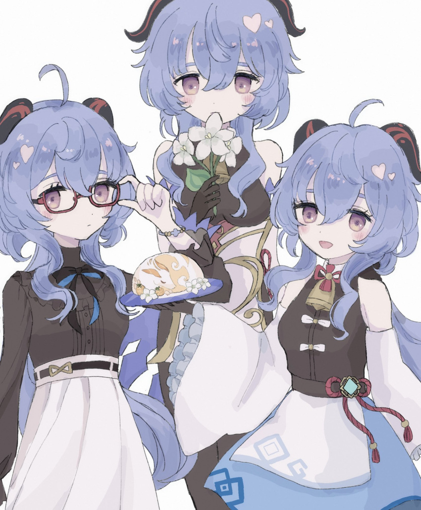 1girl, 7722u, adjusting_eyewear, ahoge, alternate_costume, apron, bangs, bare_shoulders