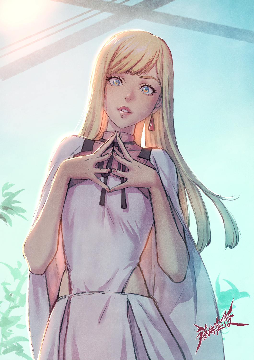 1girl, bangs, blonde_hair, blue_eyes, cape, earrings, eyelashes, fujii_eishun, gigi_andalusia, grin, gundam, gundam_hathaway's_flash, highres, jewelry, long_hair, looking_at_viewer, skirt, smile, solo, steepled_fingers
