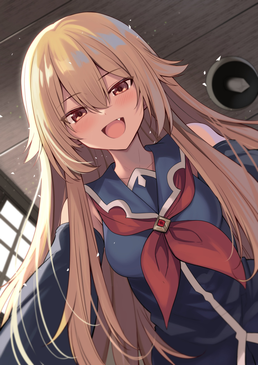 1girl, :d, bangs, bare_shoulders, blonde_hair, blue_sailor_collar, blue_shirt, blush