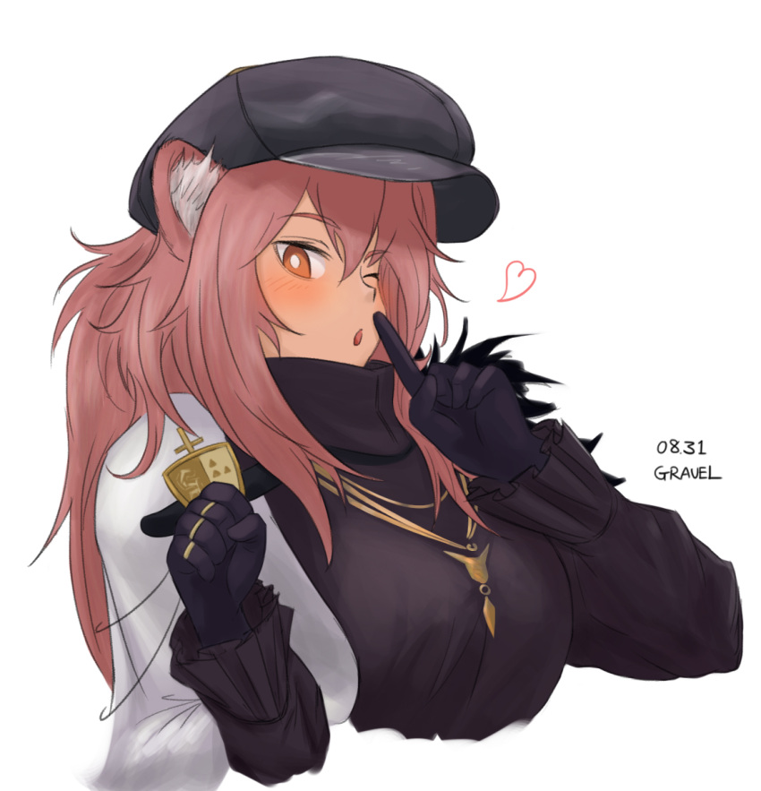 1girl, ;o, animal_ears, arknights, black_gloves, black_headwear, black_sweater, blush