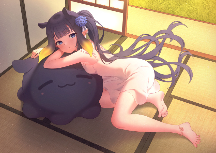 1girl, :3, absurdres, antenna_hair, barefoot, breasts, closed_eyes, closed_mouth, day, dress, flower, graynacht, hair_flower, hair_ornament, highres, hololive, hololive_english, long_hair, lying, ninomae_ina'nis, on_side, purple_hair, solo, takodachi_(ninomae_ina'nis), tatami, thighs, virtual_youtuber, white_dress
