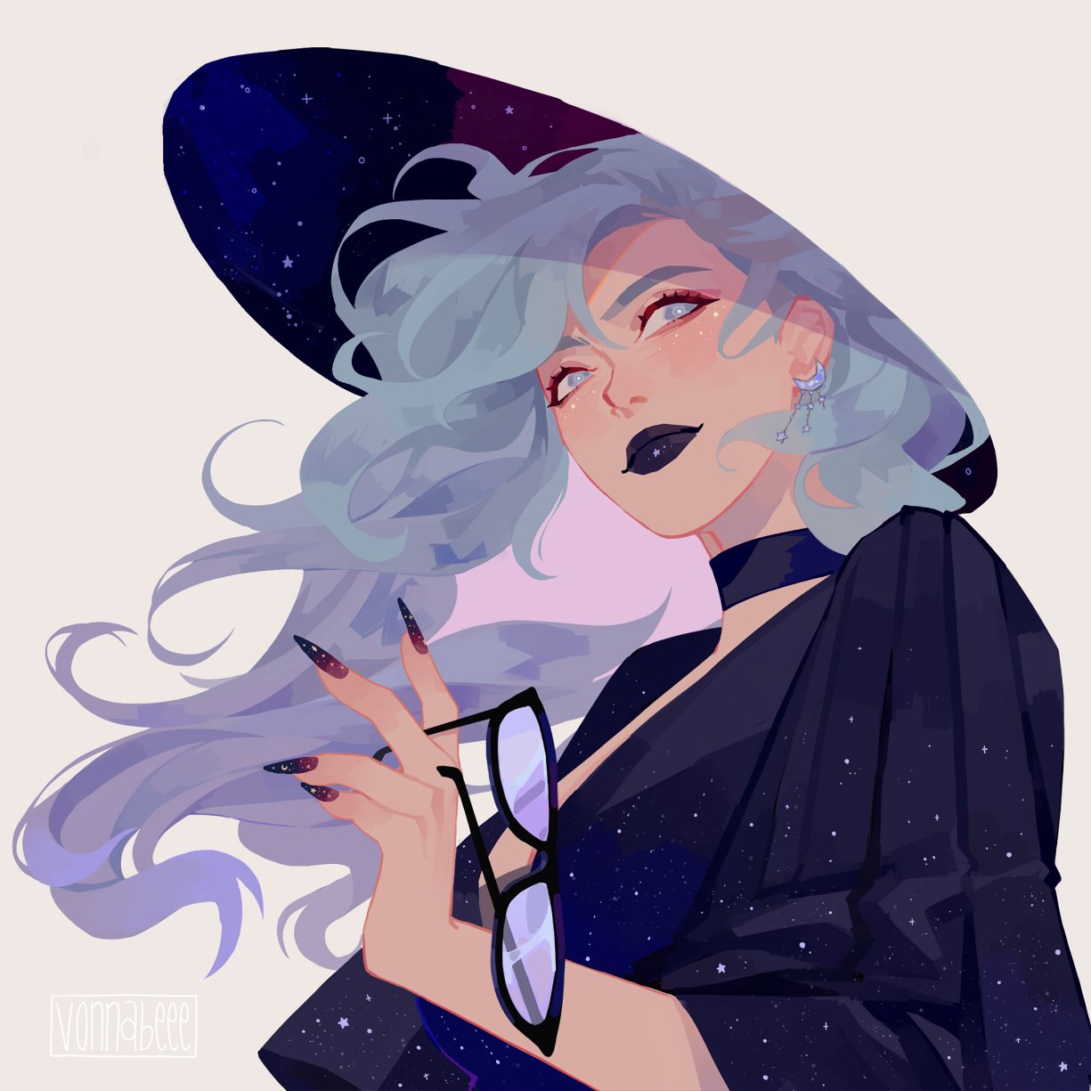 1girl, artist_name, black-framed_eyewear, black_choker, black_lips, black_nails, black_shirt, blending, blue_eyes, blue_hair, choker, closed_mouth, commentary, crescent, crescent_earrings, earrings, english_commentary, highres, holding, holding_eyewear, jewelry, long_hair, looking_at_viewer, multicolored_hair, negative_space, original, purple-tinted_eyewear, purple_hair, shirt, simple_background, solo, star_(sky), tinted_eyewear, upper_body, vonnabeee, white_background