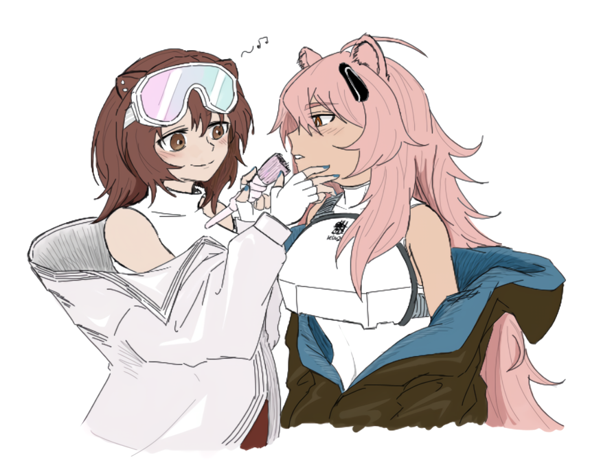 2girls, ahoge, animal_ears, applying_makeup, arknights, armor, bare_shoulders, beamed_eighth_notes