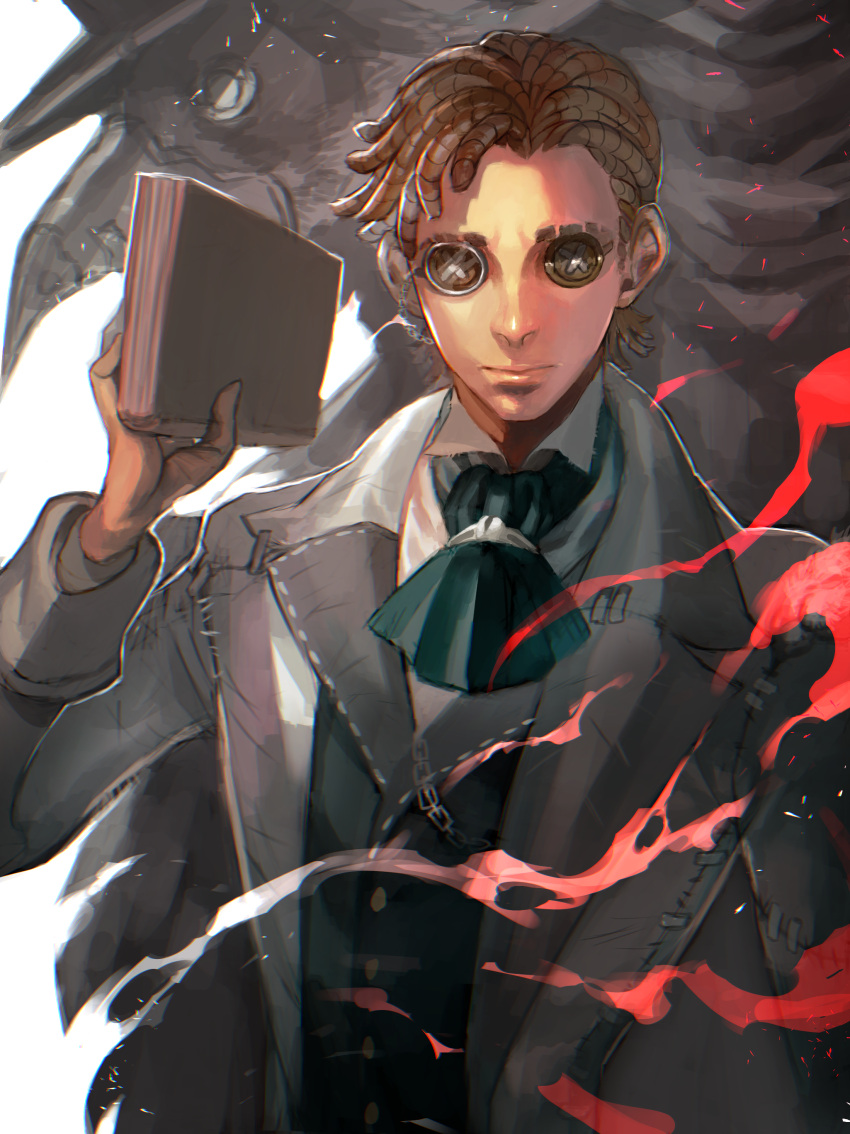 2boys, absurdres, arm_up, ascot, book, brown_eyes, brown_hair, button_eyes, chain, chromatic_aberration, closed_mouth, collared_shirt, dual_persona, expressionless, formal, green_ascot, highres, holding, holding_book, identity_v, long_sleeves, male_focus, monocle, multiple_boys, nightmare_(identity_v), orpheus_(identity_v), plague_doctor_mask, shirt, short_hair, simple_background, suit, vest, white_background, yohane_shimizu