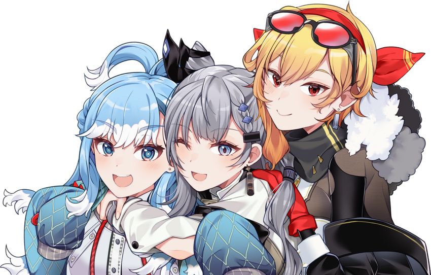 3girls, :d, ;d, bangs, black_jacket, black_ribbon, black_scarf, blonde_hair