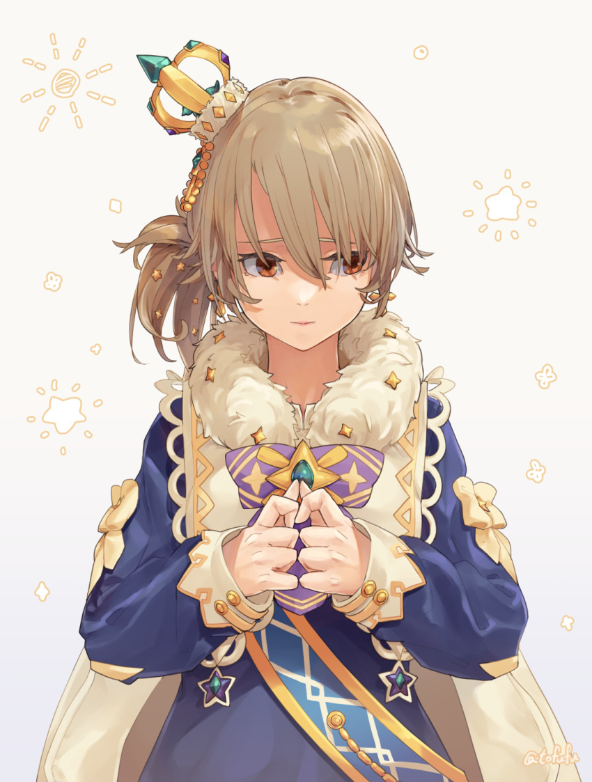 blue_dress, cape, crown, dress, earrings, eyebrows_hidden_by_hair, fuwafuwatoufu, hair_over_eyes