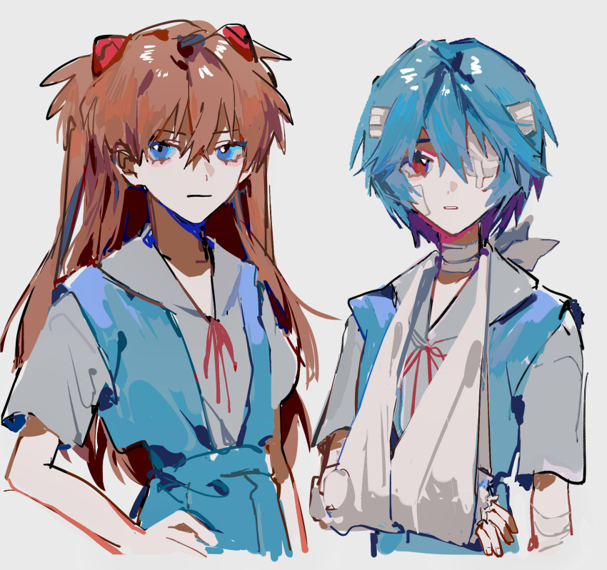 2girls, ayanami_rei, bandages, blank_stare, blue_eyes, blue_hair, blue_skirt, cast, facing_viewer, hand_on_hip, highres, looking_at_viewer, mogutofuoes, multiple_girls, neon_genesis_evangelion, orange_hair, red_eyes, red_ribbon, ribbon, school_uniform, skirt, souryuu_asuka_langley, standing, white_background