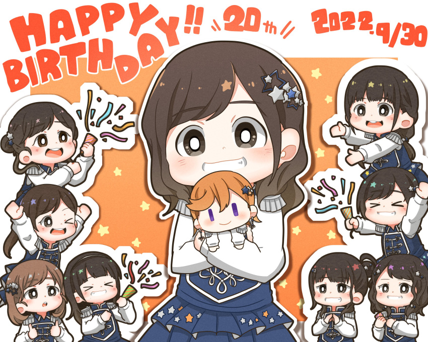 6+girls, aoyama_nagisa, bangs, birthday, blush, brown_eyes, brown_hair, closed_eyes, commentary, date_sayuri, dated, doll_hug, double_bun, emori_aya, english_text, everyone, g_teall, grin, hair_bun, happy_birthday, high_ponytail, highres, liyuu, long_hair, looking_at_viewer, love_live!, love_live!_superstar!!, low_twintails, medium_hair, misaki_nako, multiple_girls, object_hug, one_eye_closed, ookuma_wakana, orange_hair, payton_naomi, ponytail, real_life, shibuya_kanon, sidelocks, single_side_bun, smile, star_(symbol), suzuhara_nozomi_(voice_actress), twintails, upper_body, violet_eyes, voice_actor, voice_actor_connection, yabushima_akane