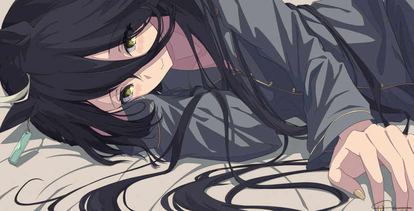 1girl, ahoge, animal_ears, black_hair, ci4, ear_tag, hair_between_eyes, hair_strand