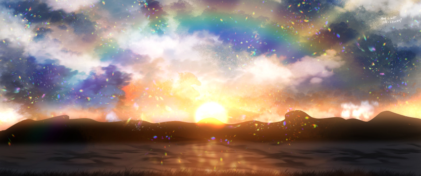 absurdres, clouds, fantasy, highres, light_particles, light_rays, moenoki, no_humans