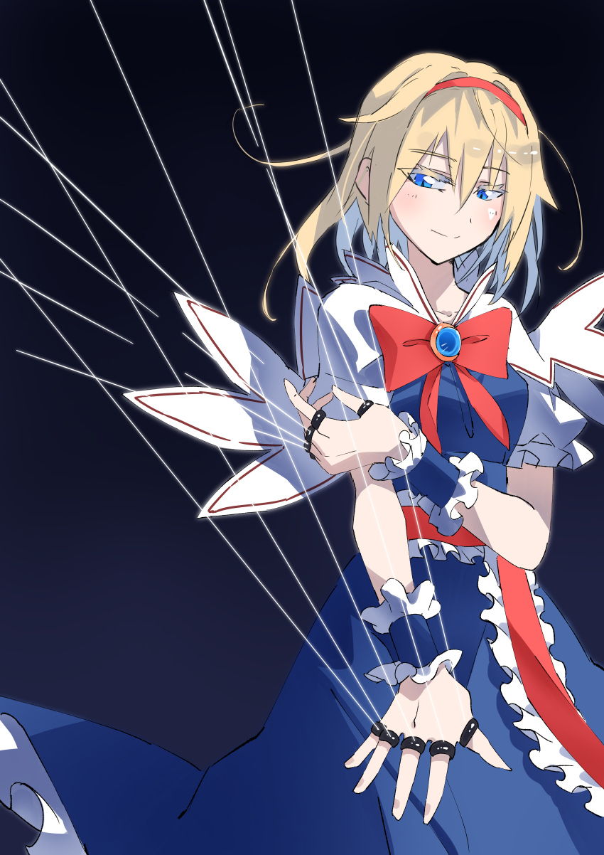 1girl, absurdres, alice_margatroid, black_background, blonde_hair, blue_dress, blue_eyes, bow