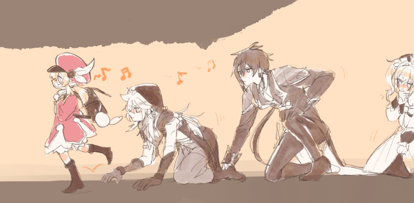 2boys, 2girls, backpack, bag, bangs, barbara_(genshin_impact), boots, c3t_gg