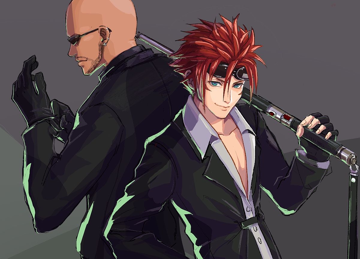 2boys, adjusting_clothes, adjusting_gloves, aqua_eyes, back-to-back, bald, bangs, baton_(weapon)