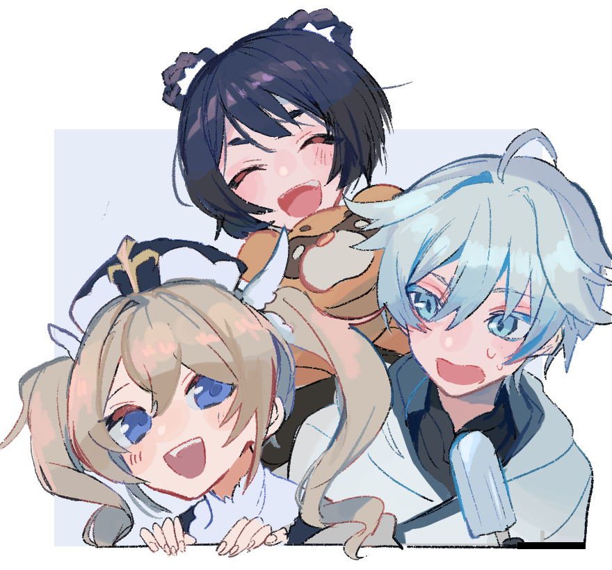 1boy, 2girls, ahoge, aqua_eyes, aqua_hair, bangs, barbara_(genshin_impact), blonde_hair, blue_eyes, blue_hair, blush, c3t_gg, chongyun_(genshin_impact), closed_eyes, drill_hair, food, genshin_impact, guoba_(genshin_impact), hair_between_eyes, hair_rings, hat, long_hair, looking_at_viewer, multiple_girls, open_mouth, popsicle, simple_background, sweat, twin_drills, twintails, xiangling_(genshin_impact)
