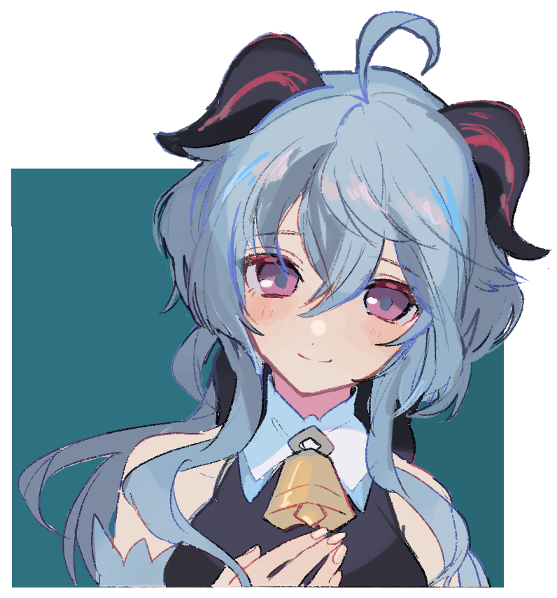 1girl, ahoge, bangs, bell, black_bodysuit, blue_hair, blush, bodysuit