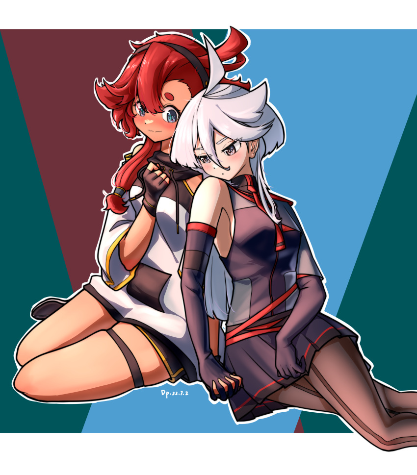 2girls, absurdres, ahoge, blue_eyes, blush, dated, detached_sleeves, fingerless_gloves, gaoling_gangqin, gloves, gundam, gundam_suisei_no_majo, hairband, highres, holding_hands, interlocked_fingers, long_hair, looking_at_another, miorine_rembran, multiple_girls, pantyhose, redhead, side_ponytail, simple_background, sitting, skirt, suletta_mercury, sweater, white_hair, yokozuwari, yuri