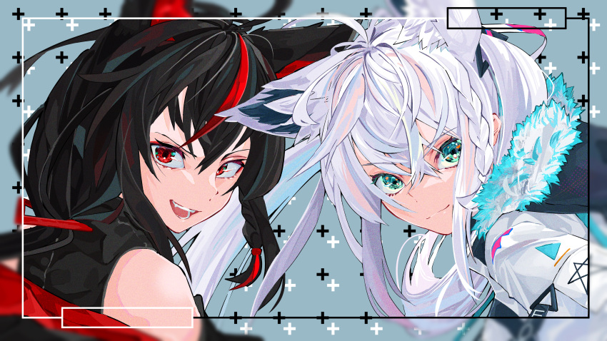 2girls, absurdres, ahoge, animal_ear_fluff, animal_ears, ao_no_kitsune, bangs, black_hair, black_shirt, blurry, braid, commentary_request, fox_ears, fox_girl, fur-trimmed_jacket, fur_trim, green_eyes, hair_between_eyes, highres, hololive, jacket, kurokami_fubuki, long_hair, looking_at_viewer, looking_back, multiple_girls, open_mouth, pentagram, red_eyes, redhead, shirakami_fubuki, shirt, sidelocks, single_braid, sleeveless, sleeveless_shirt, smile, teeth, virtual_youtuber, white_hair, white_jacket