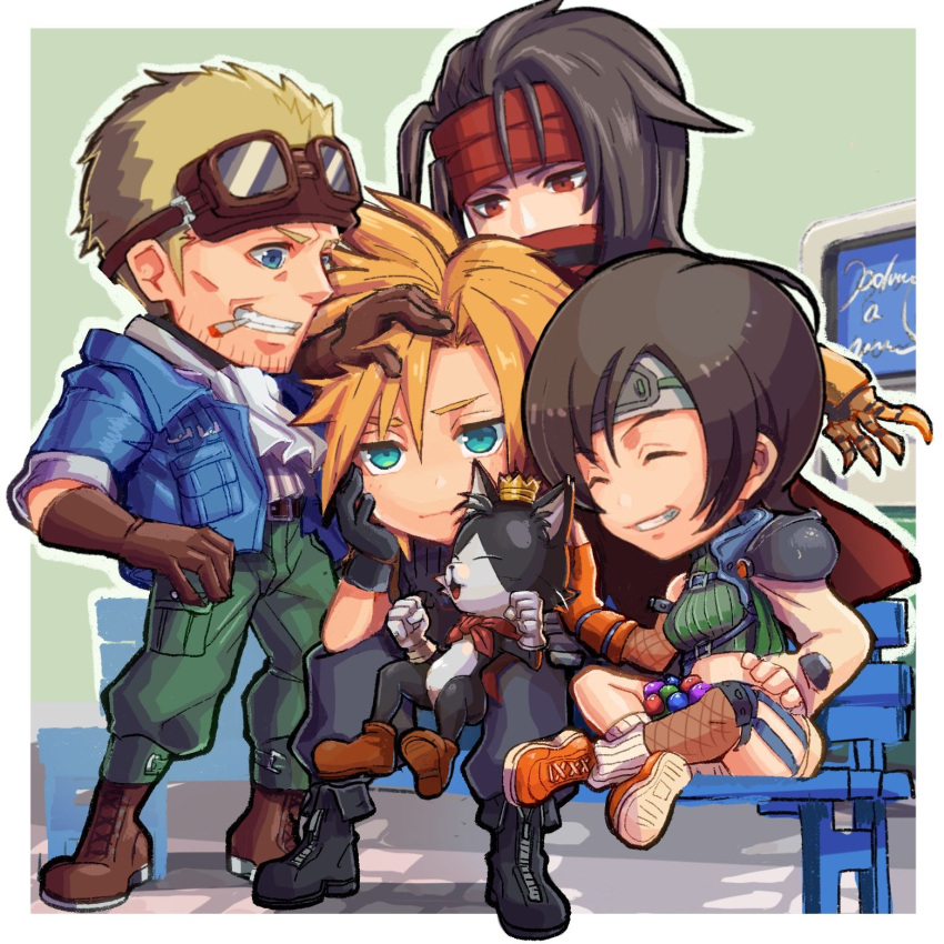 1girl, 1other, 3boys, aqua_eyes, armor, ascot, asymmetrical_legwear, baggy_pants