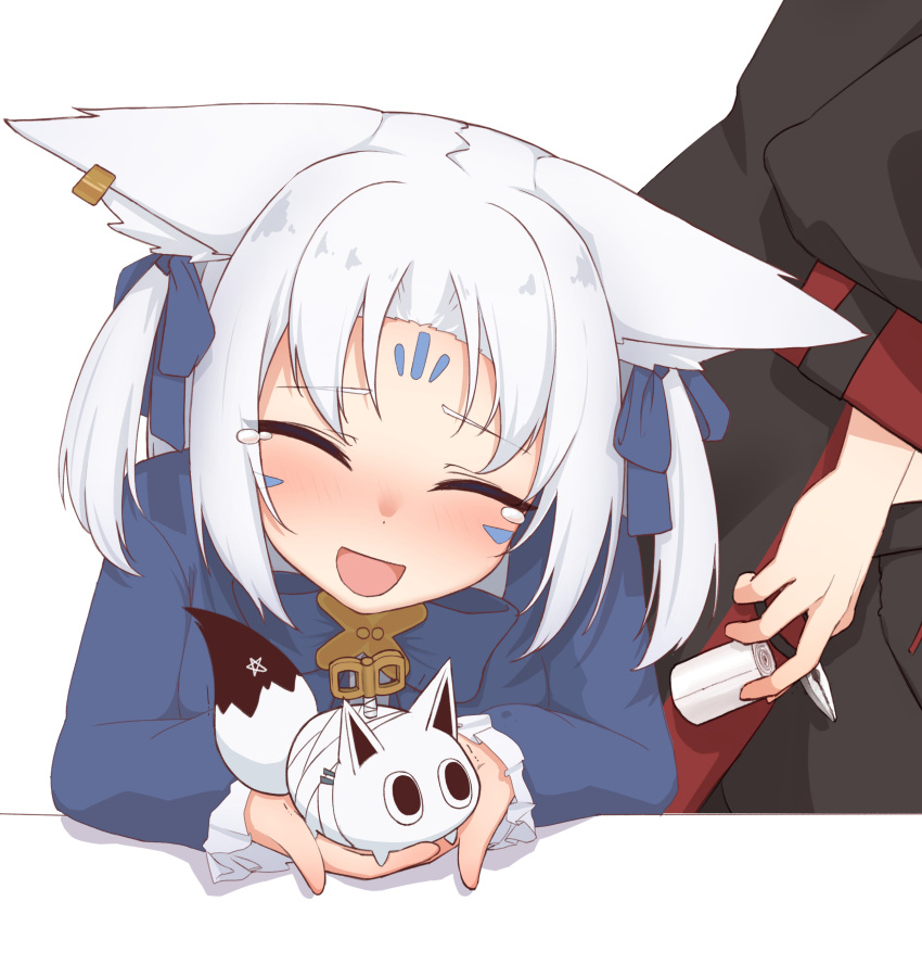 2girls, absurdres, animal_ears, bandages, bangs, blue_dress, blue_ribbon, blush