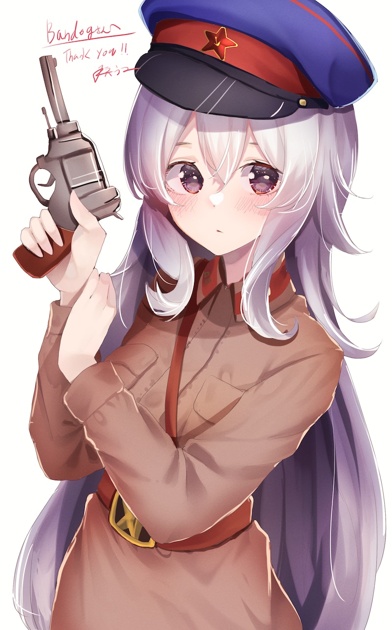 bangs, belt, brown_coat, coat, commission, cosplay, gun, gymnastiorka