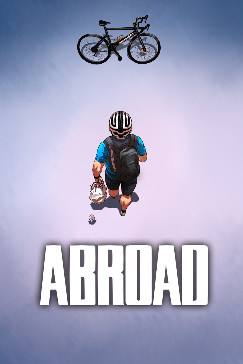 1boy, akira, backpack, bag, bicycle, bicycle_helmet, bike_shorts, blue_shirt