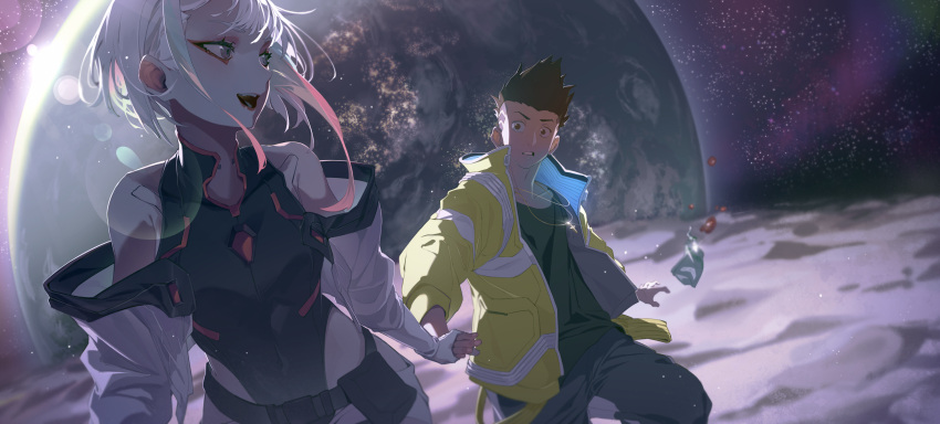 absurdres, cyberpunk_(series), cyberpunk_edgerunners, david_martinez, earth_(planet), highres, holding_hands, jacket
