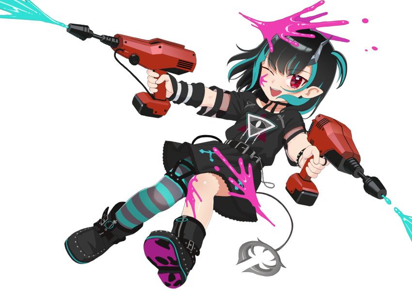 1girl, bangs, belt, black_belt, black_dress, black_footwear, black_hair, blue_hair, blue_thighhighs, buren, commentary_request, demon_girl, demon_horns, demon_tail, dress, dual_wielding, eye_of_providence, flat_chest, full_body, grey_thighhighs, highres, holding, horns, looking_at_viewer, medium_hair, multicolored_hair, official_alternate_costume, one_eye_closed, one_side_up, open_mouth, paint, paint_splatter, pointy_ears, red_eyes, shishio_chris, simple_background, single_thighhigh, smile, solo, splatoon_(series), splatoon_3, sugar_lyric, tail, thigh-highs, two-tone_hair, virtual_youtuber, white_background