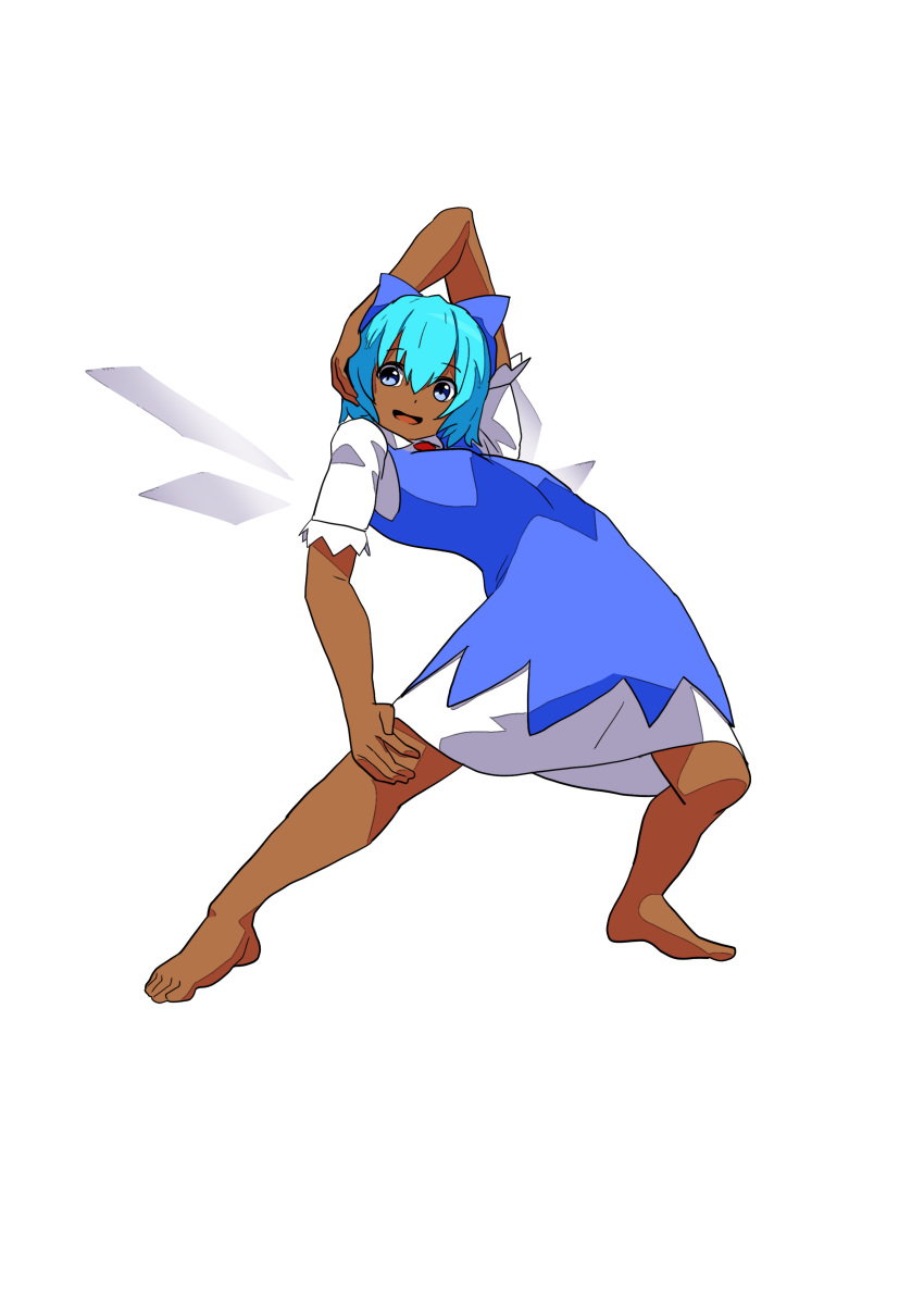 1girl, absurdres, annyui_(cookie), arm_above_head, bangs, barefoot, blue_bow, blue_dress