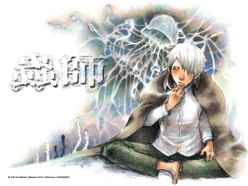 afternoon, afternoon_(magazine), barefoot, cigarette, ginko, hair_over_one_eye, highres, male