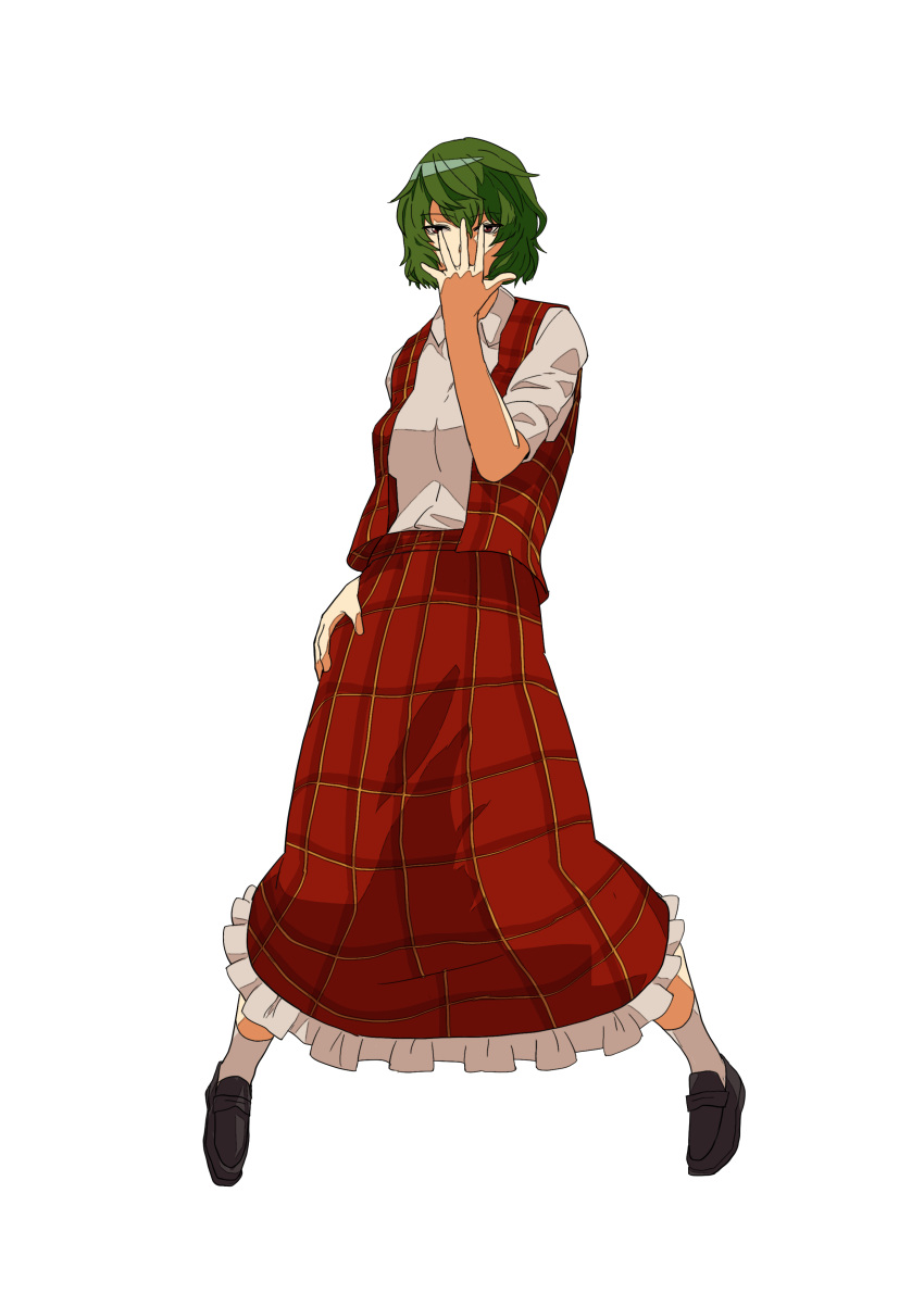 1girl, absurdres, akira_(cookie), bangs, black_footwear, breasts, collared_shirt, commentary_request