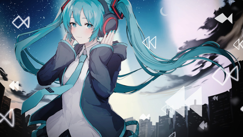 1girl, absurdres, aqua_eyes, aqua_hair, aqua_nails, aqua_necktie, bangs, black_clouds