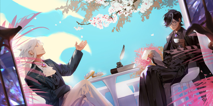 2boys, alternate_costume, ascot, bangs, black_coat, black_hair, black_jacket, black_pants