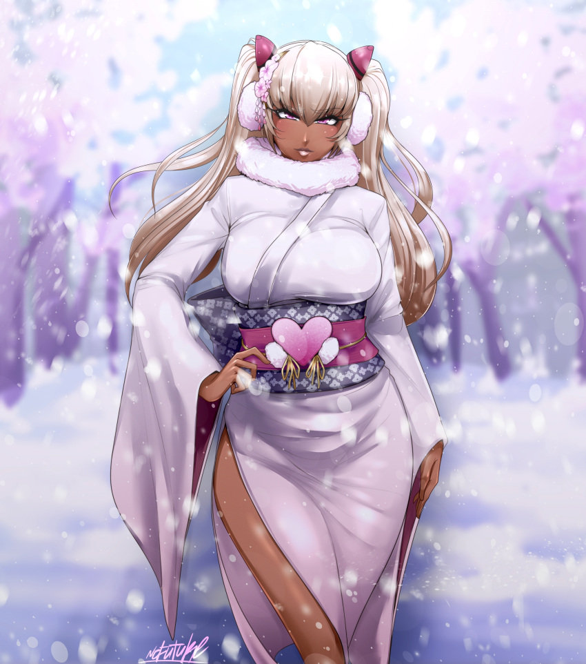 1girl, absurdres, breasts, dark-skinned_female, dark_skin, earmuffs, fur-trimmed_kimono, fur_trim