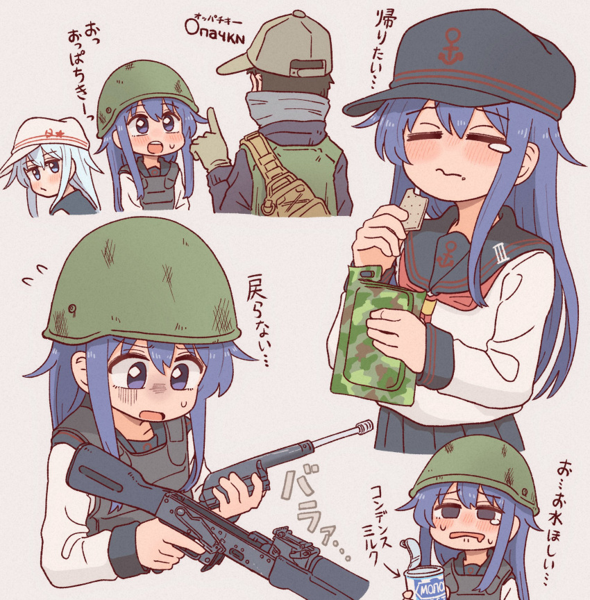 1boy, 2girls, akatsuki_(kancolle), akatsuki_kai_ni_(kancolle), anchor_symbol, black_hair, black_headwear, black_sailor_collar