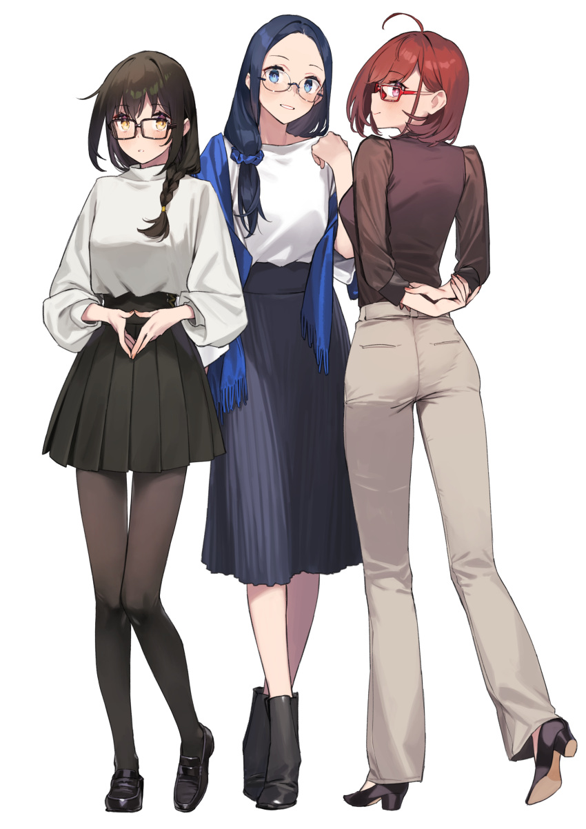 3girls, 92m, absurdres, arms_behind_back, black-framed_eyewear, black_footwear, black_pantyhose, black_skirt