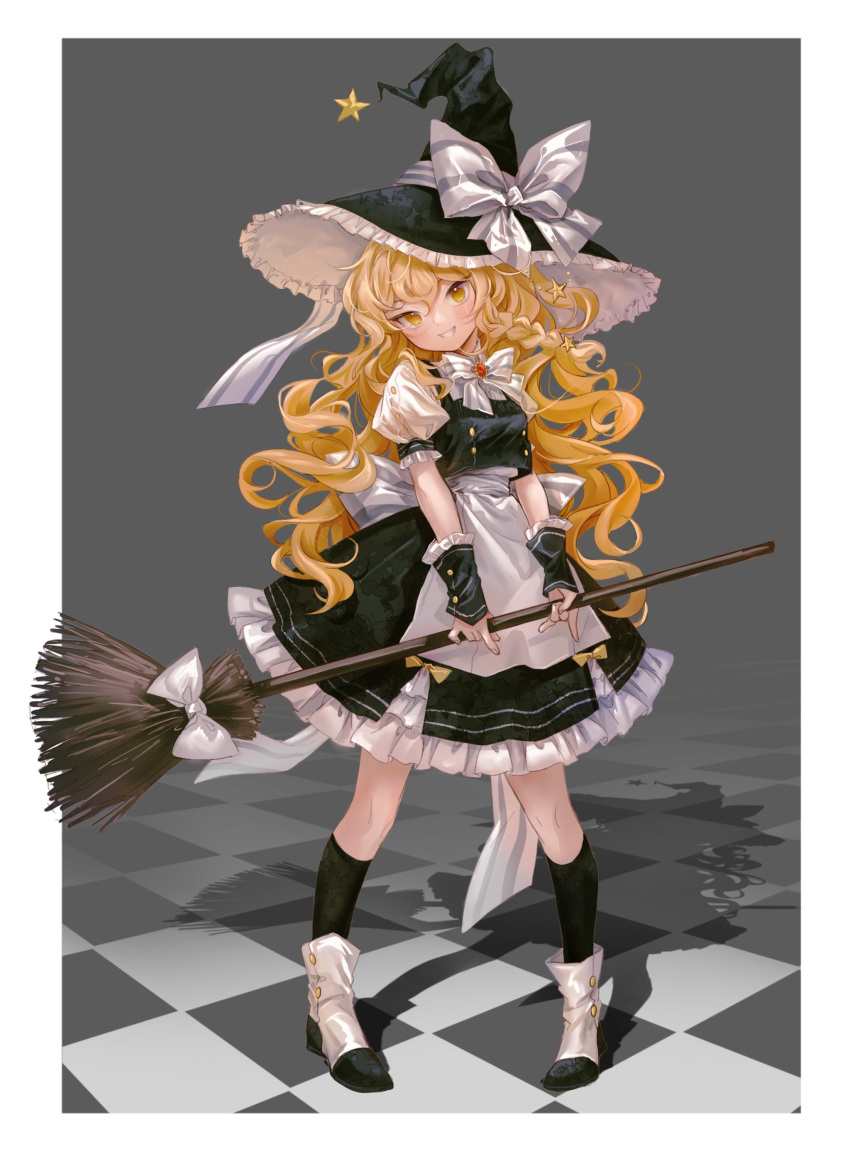 1girl, 80isiiii, absurdres, apron, back_bow, black_footwear, black_headwear, black_skirt