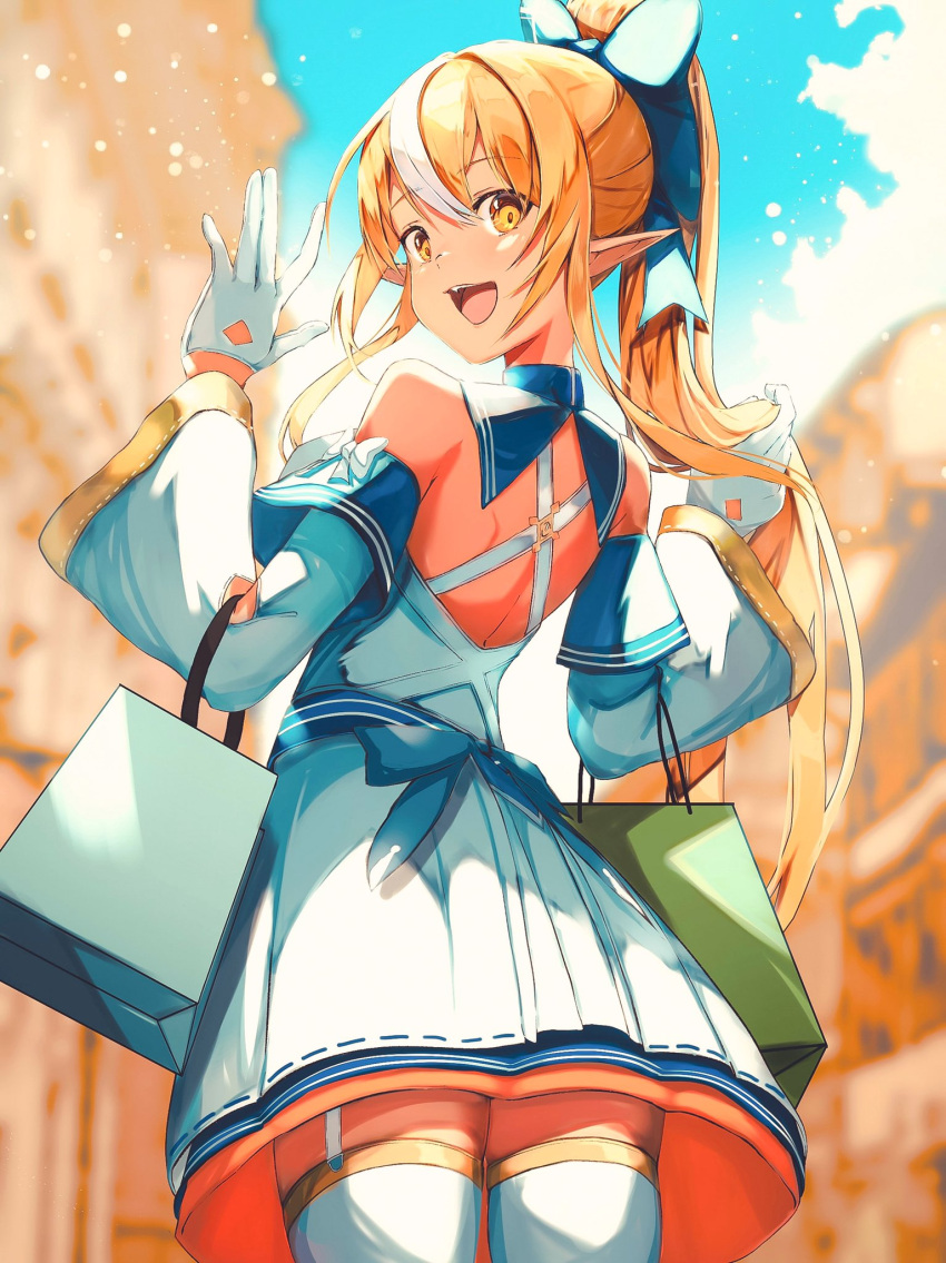 1girl, back_bow, bag, blonde_hair, bow, detached_sleeves, dress, garter_straps